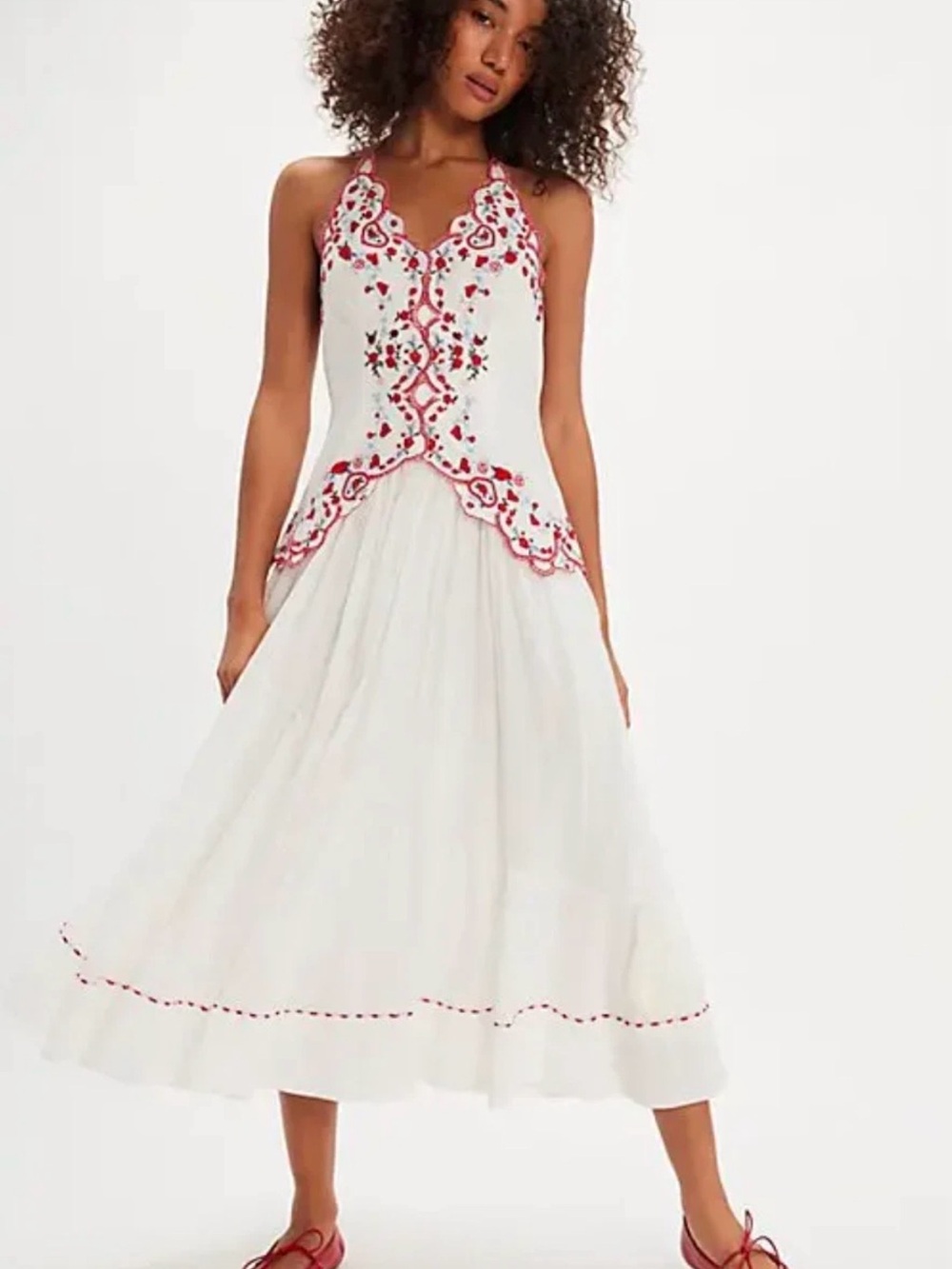 NEW Free People White Red Embroidered Backless Heart Valencia Dress Size XS